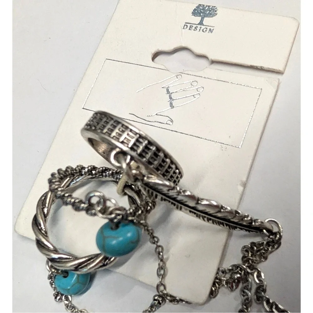 New w Tag Slave 3 Ring Set Silver Tone Faux Turquoise Feather Chain Twist Boho